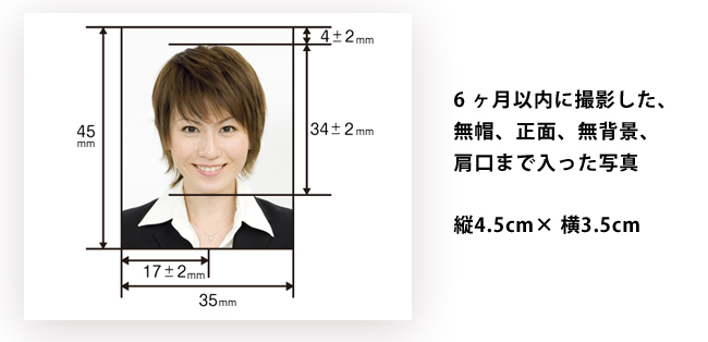 6 ヶ月以内に撮影した、無帽、正面、無背景、肩口まで入った写真縦4.5cm× 横3.5cm